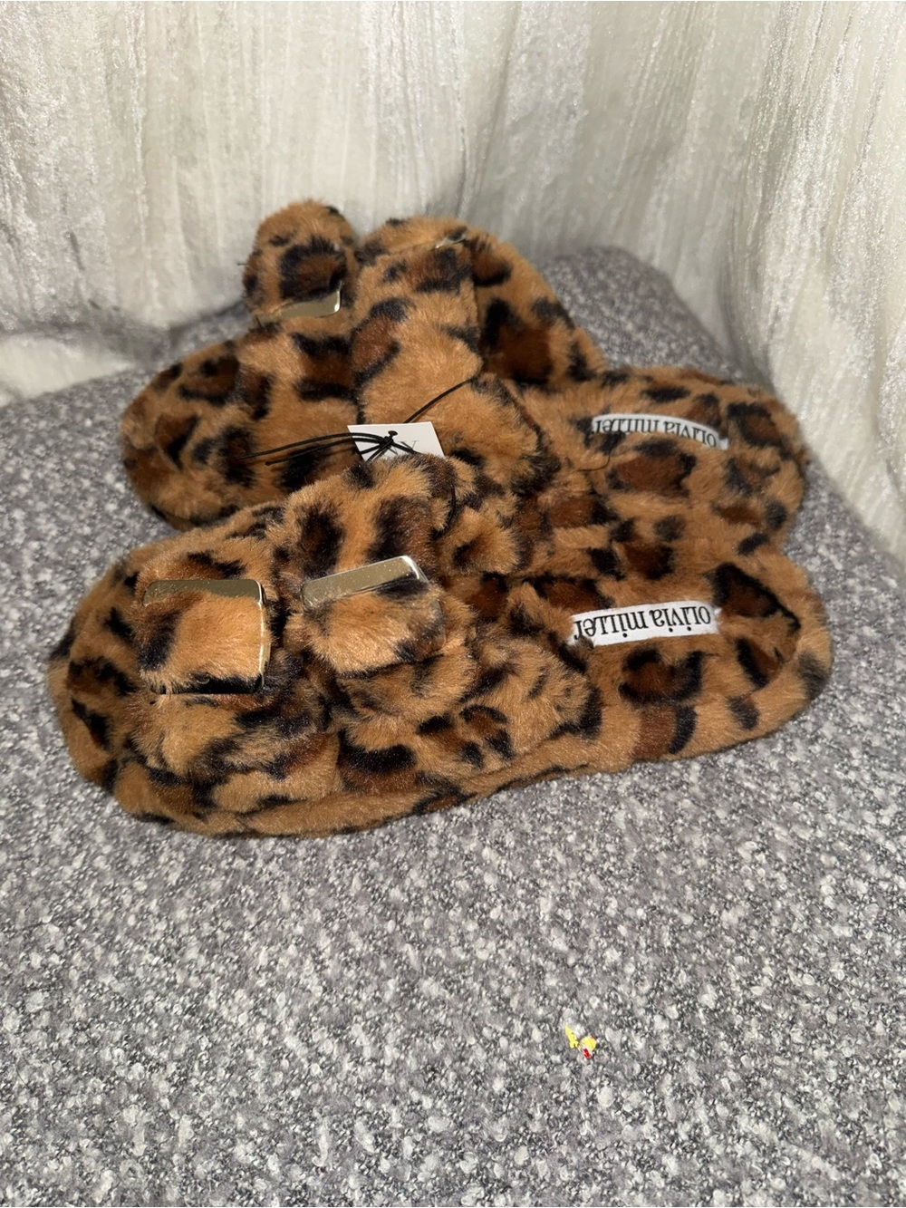Olivia Miller Leopard Print Fuzzy Slide Slippers in Brown and Black